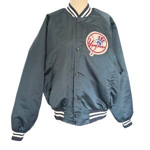 VTG 1990 MLB NY Yankees Chalkline Satin Bomber Jacket Navy XL Patch Spellout